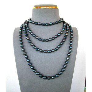 Black Freshwater Pearl Necklace Layered Strand Statement Jewelry 62 inches